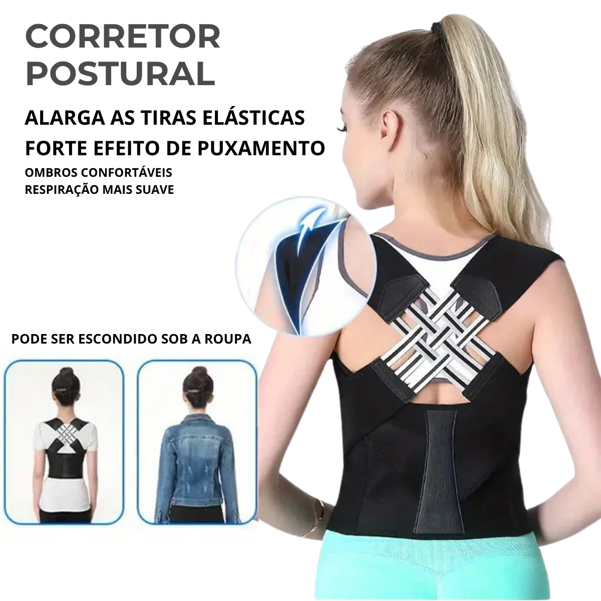 Cinta Corretor Postural Ortopédico Ajustável Alinhar Coluna Lombar e Dorsal Unissex, Alivio de Dores