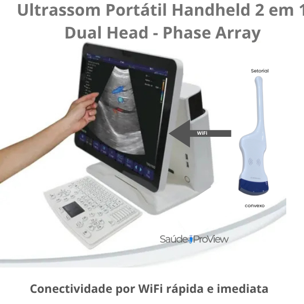 Ultrassom Portátil 2 em 1 , Dual Head, Phase Array, 128 Elementos, Multifuncional Transvaginal e Abdominal, WiFi, Handheld